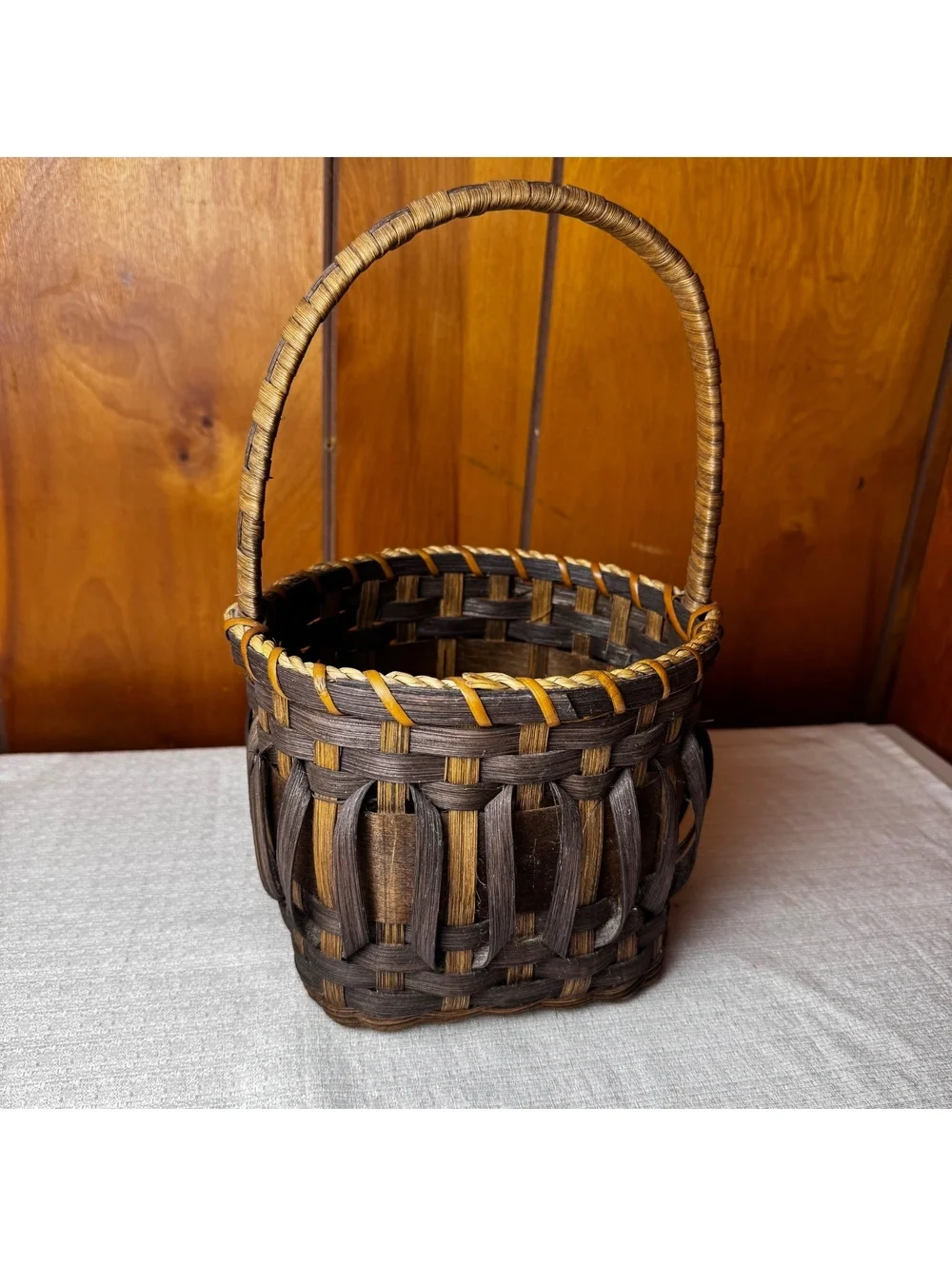 Handmade woven basket with tall handle 11.5 inch rustic farmhouse decor 87